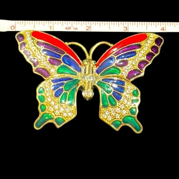 Vibrant, butterfly, enamel, rhinestone, gold tone, brooch, pin blue red green - Picture 5 of 7